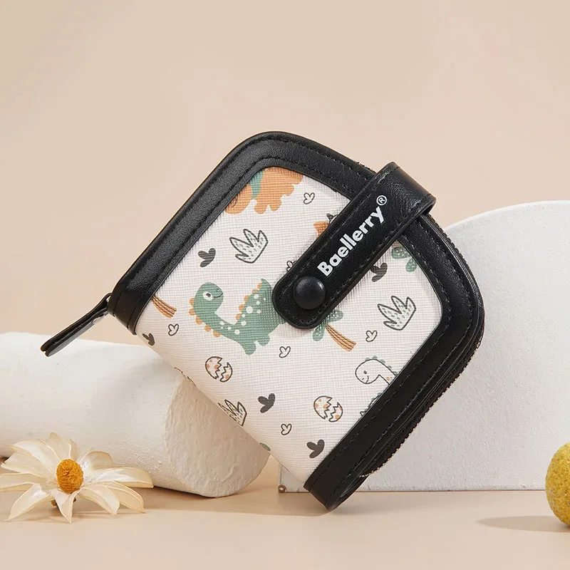 

2025 New Cute Cartoon Dinosaur Print Ladies Short Wallet Large Capacity Coin Zipper Hasp Wallet PU Leather Purse Cartera Fenale