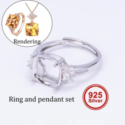 Cushion-shaped 10-12mm Ring and Pendant Setting Kit, S925 Sterling Silver Material, Suitable for Handmade DIY Women's Jewelry