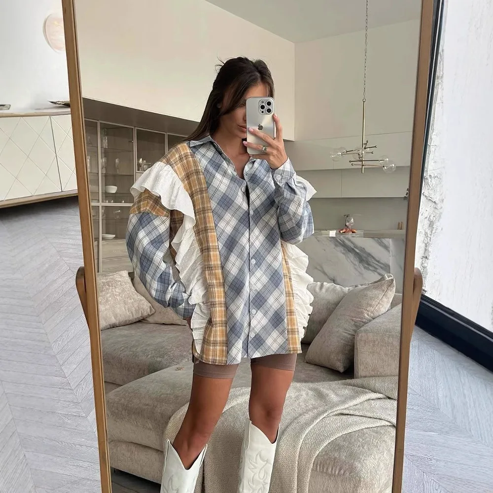 

Женская рубашка в клетку с пэчворком и рюшами, модная, с длинными рукавами, на одной пуговице, свободного кроя, шикарная повседневная уличная одежда