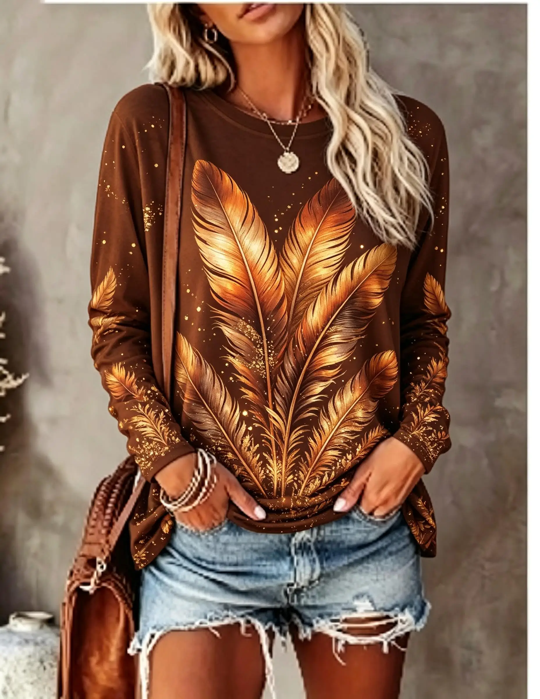 Women Long Sleeve T‑Shirt Vintage Golden Feather Ethnic Bohemian Print Crew Neck Casual Fall Tops