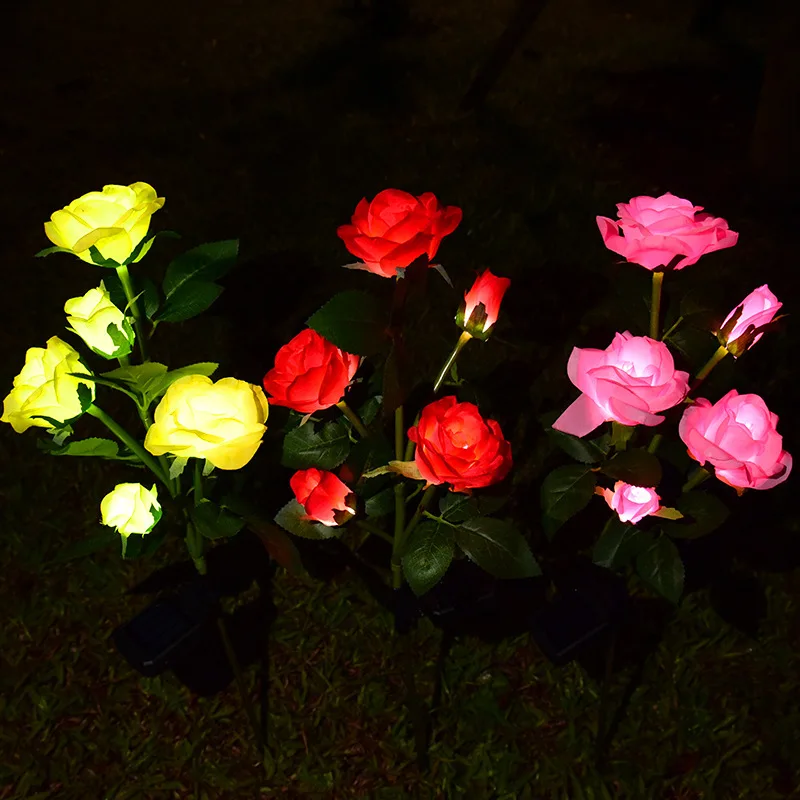 Luz LED solar con forma de flor de rosa de 5 cabezas, luces decorativas para exteriores, iluminación de paisaje para jardín, césped, camino, cementerio