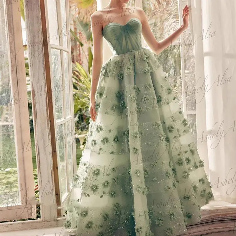 Vestido de noche de Dubái con flores en 3D verde salvia de lujo para mujer, vestido largo sin tirantes, línea A, vestido Formal de graduación, vestido de fiesta de boda, nuevo