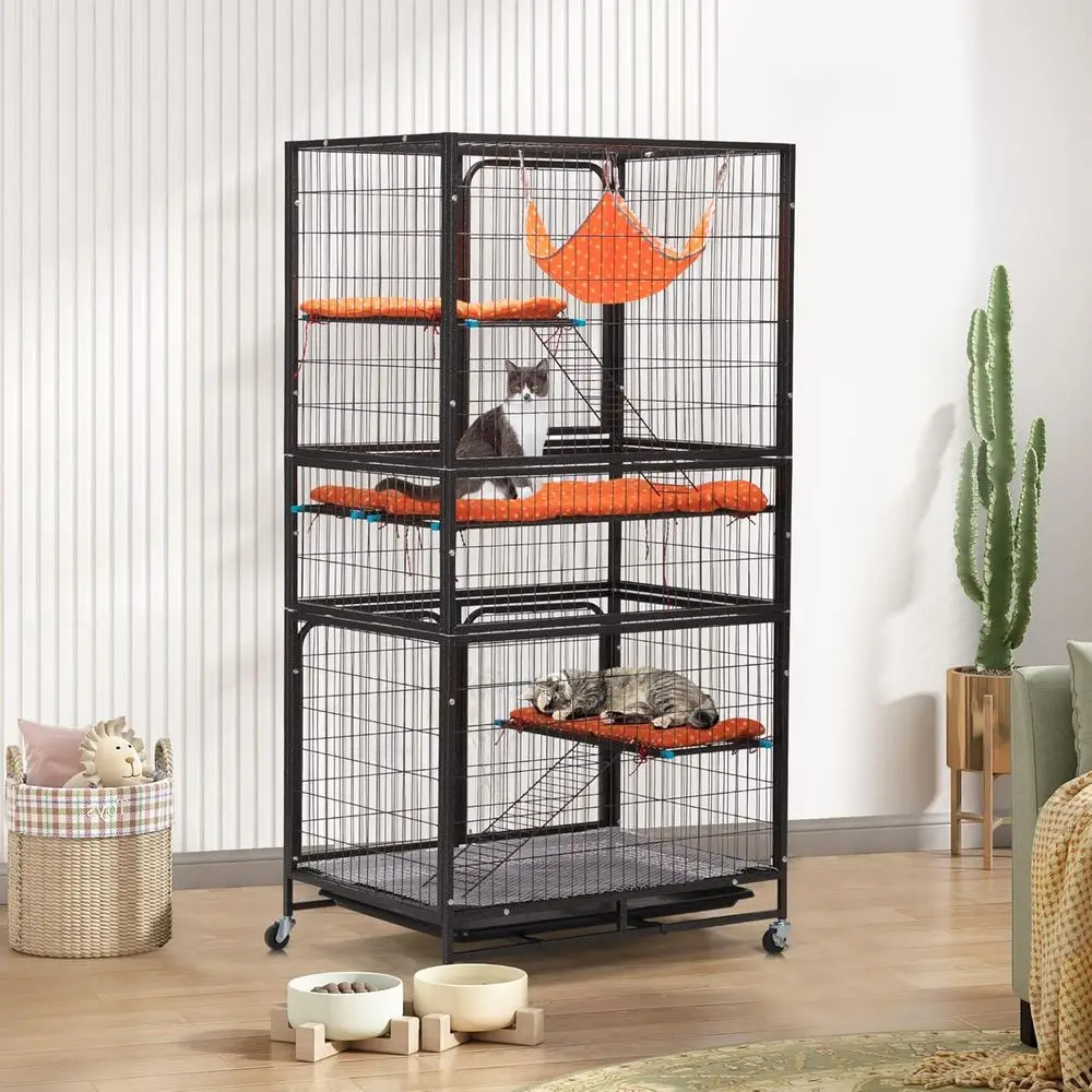 

Cages Indoor, 4-Tier Ferret Cage, Large Wire Crates with Hammock, Cat Enclosure with 2 Ladders, Cat Kennel with Wheels for Kitte