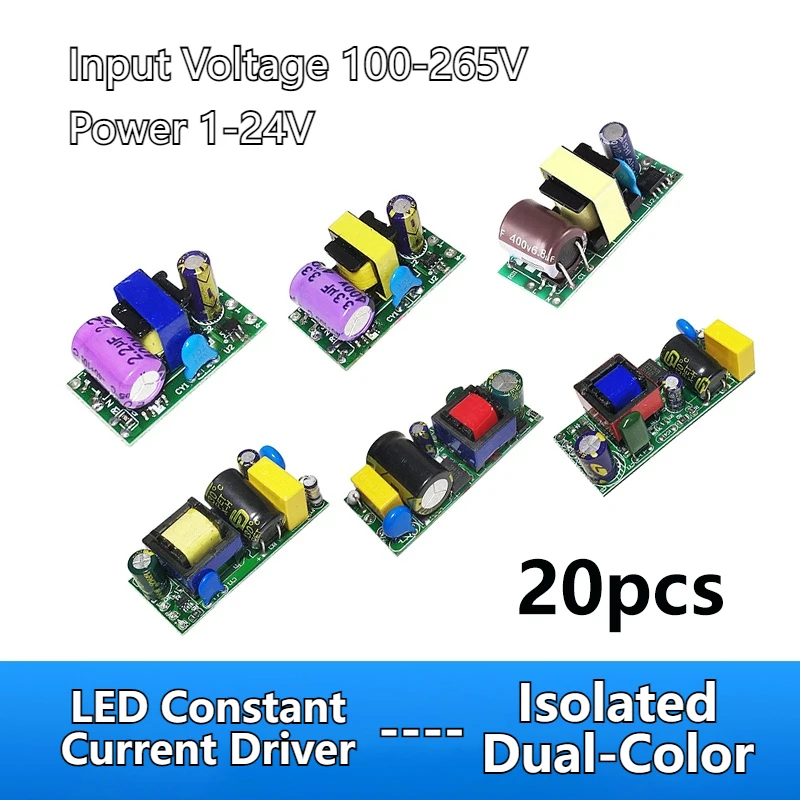 

20pcs LED Isolated Dual-Color Driver AC100-265V 1-24W Constant Current Drivers Buck Converter Lighting Accessories for LED Light