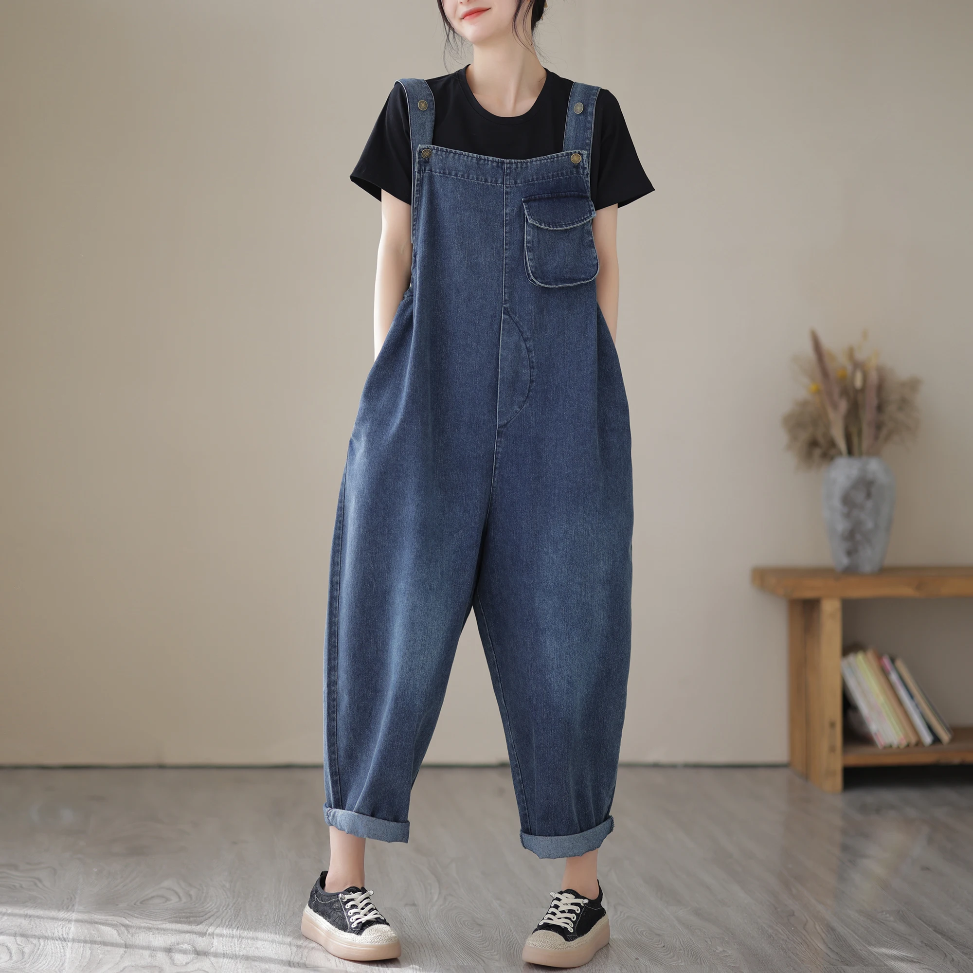 Overall Denim Longgar Modis Wanita Musim Semi Musim Panas Celana Tujuh Inci Pinggang Tinggi Gaya Korea Pengurang Usia Ukuran Kecil