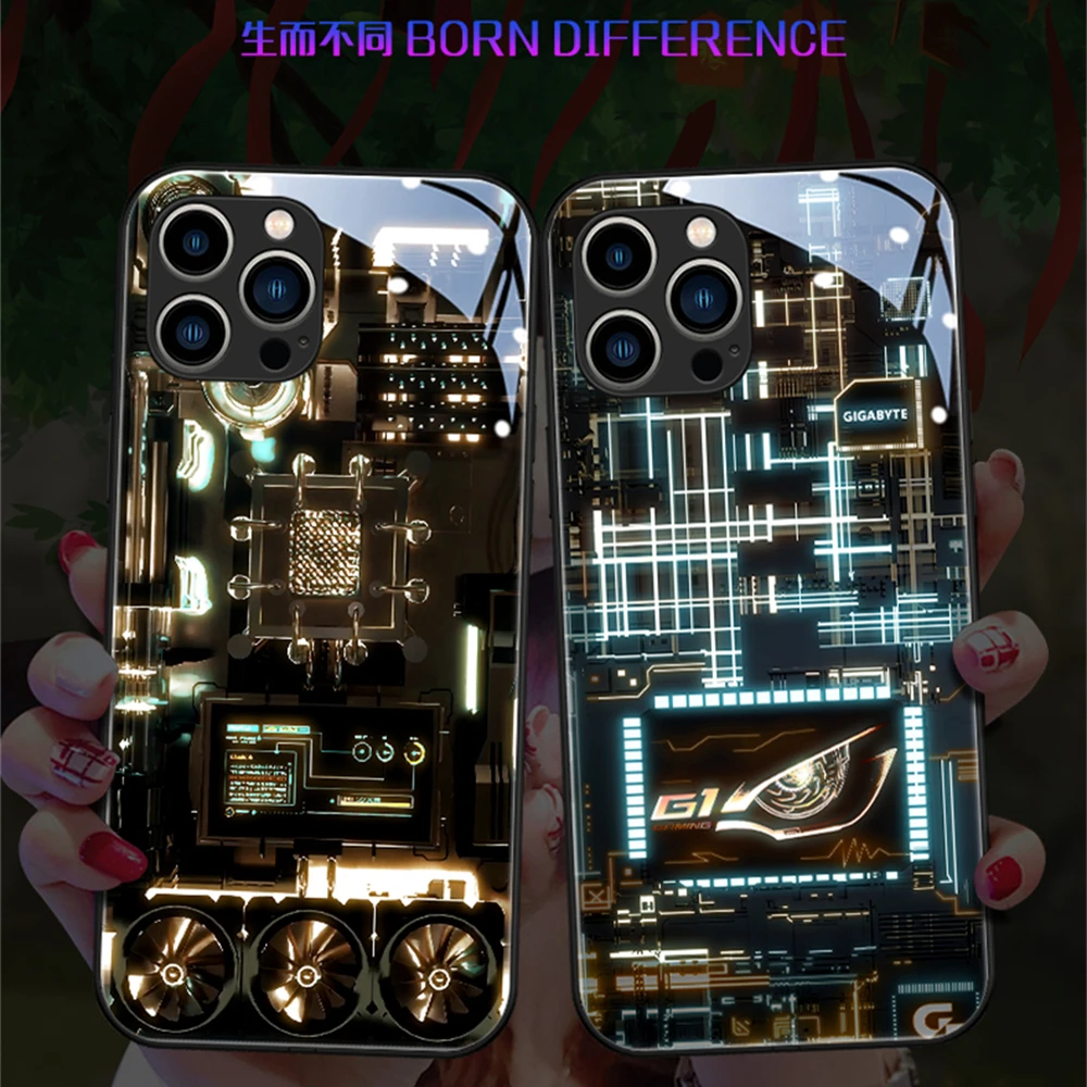 Mechanical Chip Design Sound Music Control Led Light Phone Case Glowing Cover For iPhone Air 17 16 15 14 13 12 11 Pro Max Plus