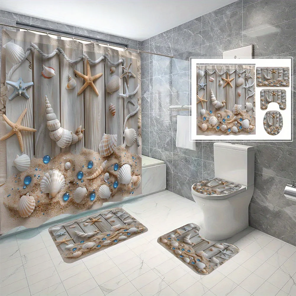 

Набор занавесок для душа из полиэстера с принтом морской пляжной ракушки и крючками, водонепроницаемый декоративный набор для ванной комнаты из 4 предметов с противоскользящим ковриком