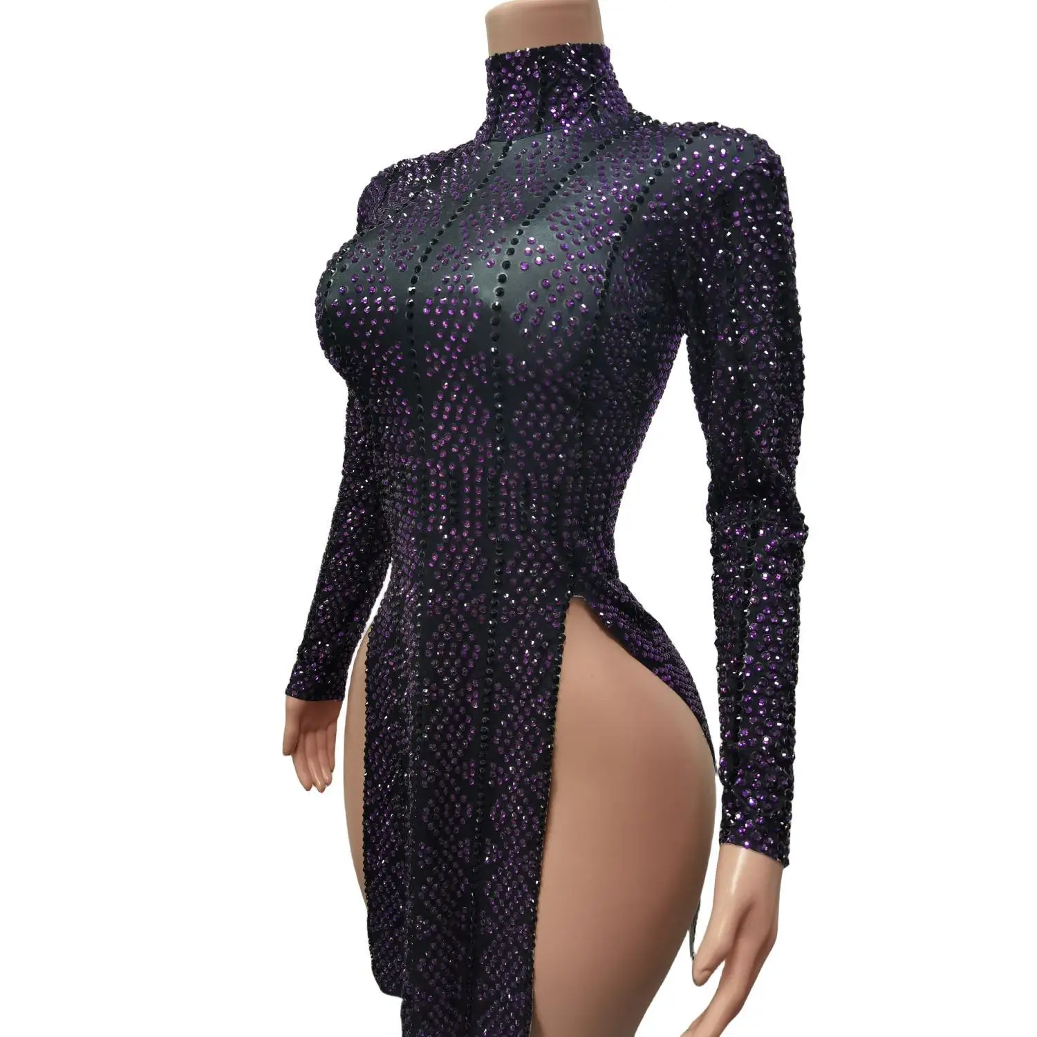 Sexy Lange Ärmel Geburtstag Prom Strass Etuikleid Frauen Abendessen Kleid Tanz Kostüm Hohe Schlitz Nachtclub Party Mini Kleid