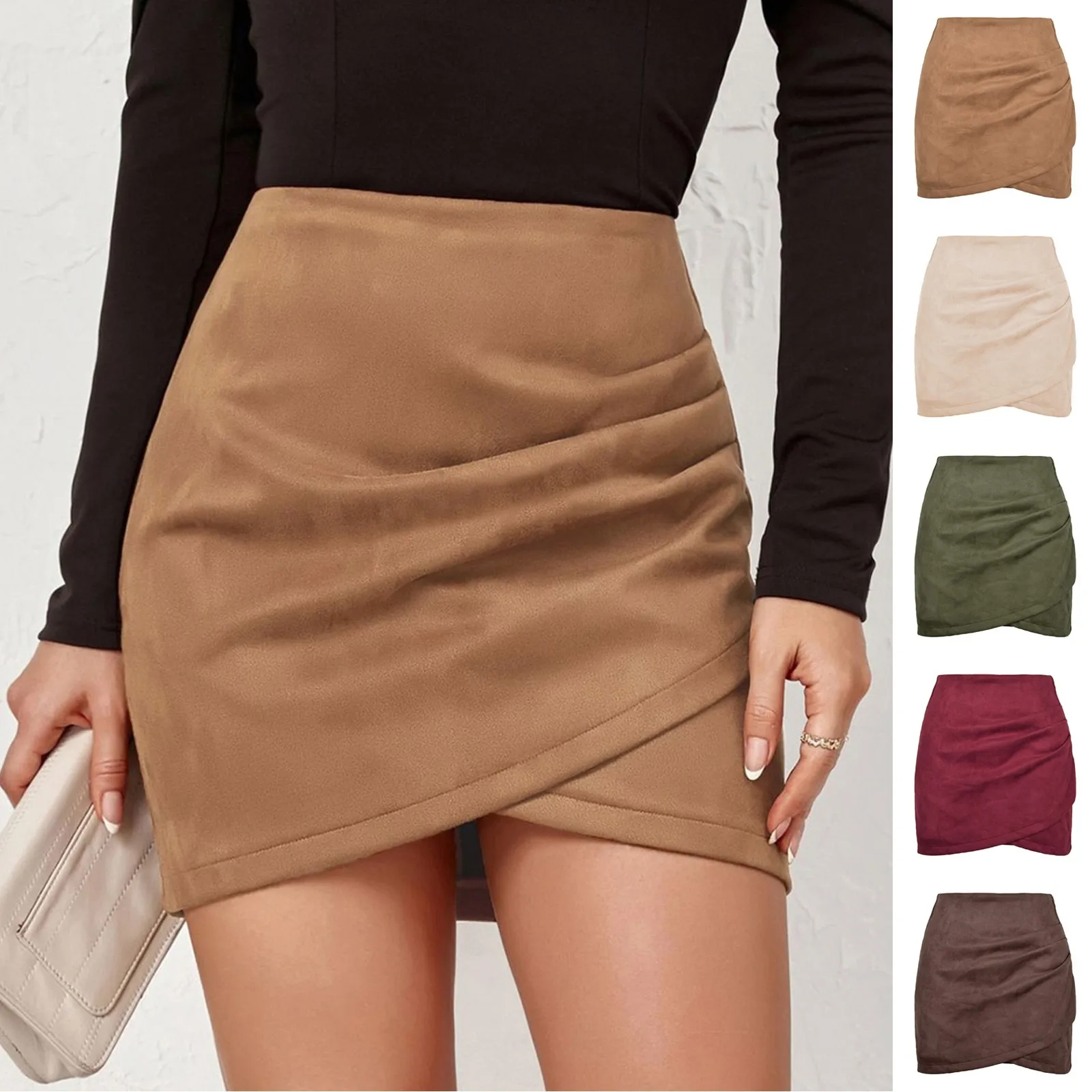 

Spring Summer Mini Skirt Colorfast Bodycon Skirt Zipper Closure Office Lady Sexy Pleated Suede Pencil Short Skirt Versatile