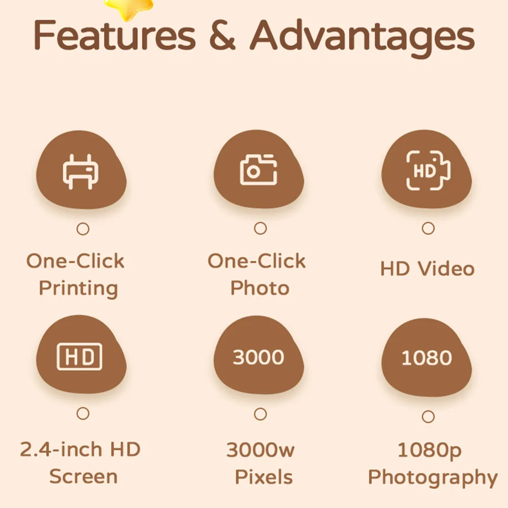 Kids Instant Camera 2.4 Inch IPS HD Screen VGA Lens Instant Photo Printing Video Recording Camera for Children Birthday Gfits