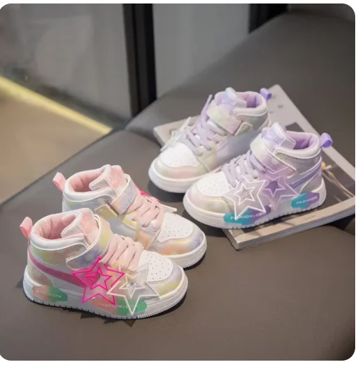 Girls Sneakers with Stars Color Matching Non-slip Fashion Children Princess High-top Sport Shoes Kids Casual Running Shoes