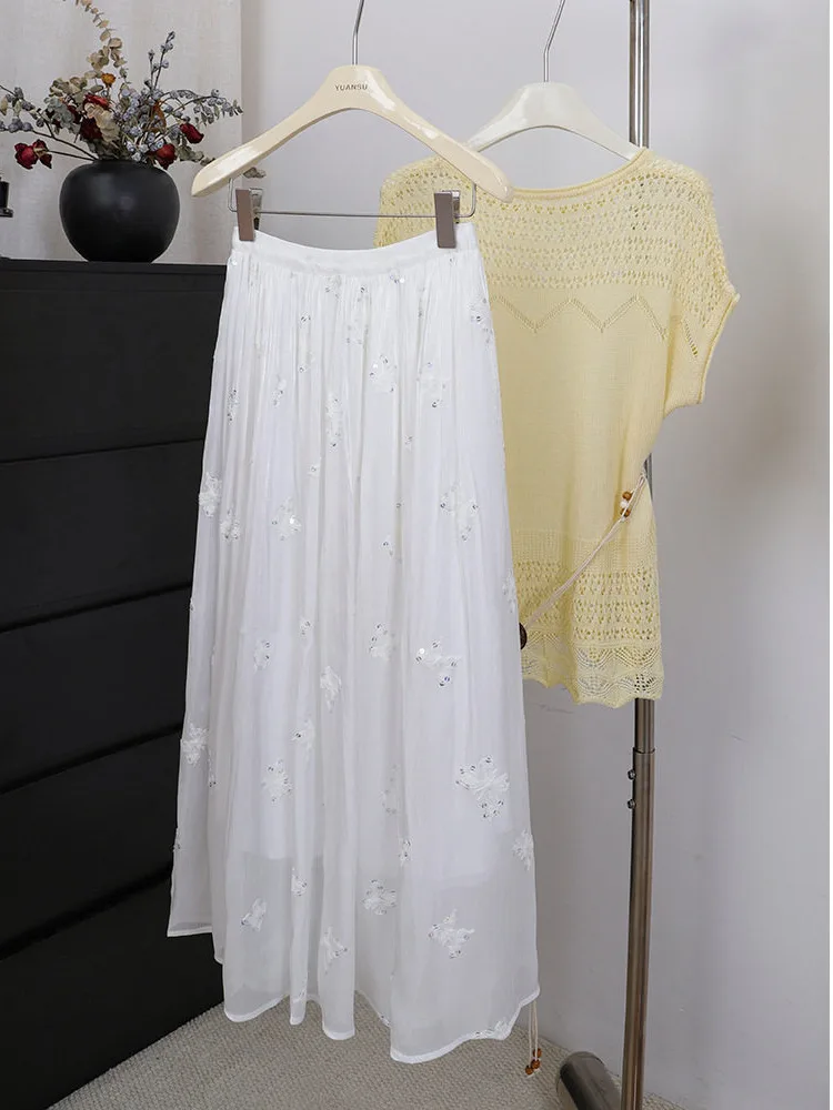 New Sequin Butterfly Embroidery Skirt For Women 2026 Spring Summer A-line High Waist Fashion Pleated Tulle Skirt