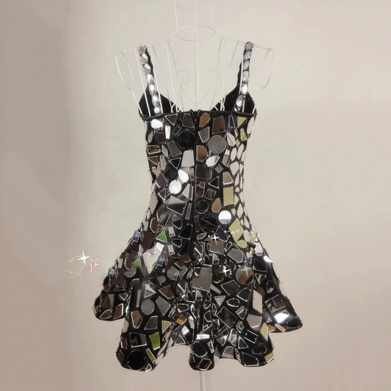 

Sexy Mirror Dress Glass women Outfit Bikini Mirrors Sequins Bodys Silver Mirror Dressuit Nightclub Bar Singer Dj outfit Festiva