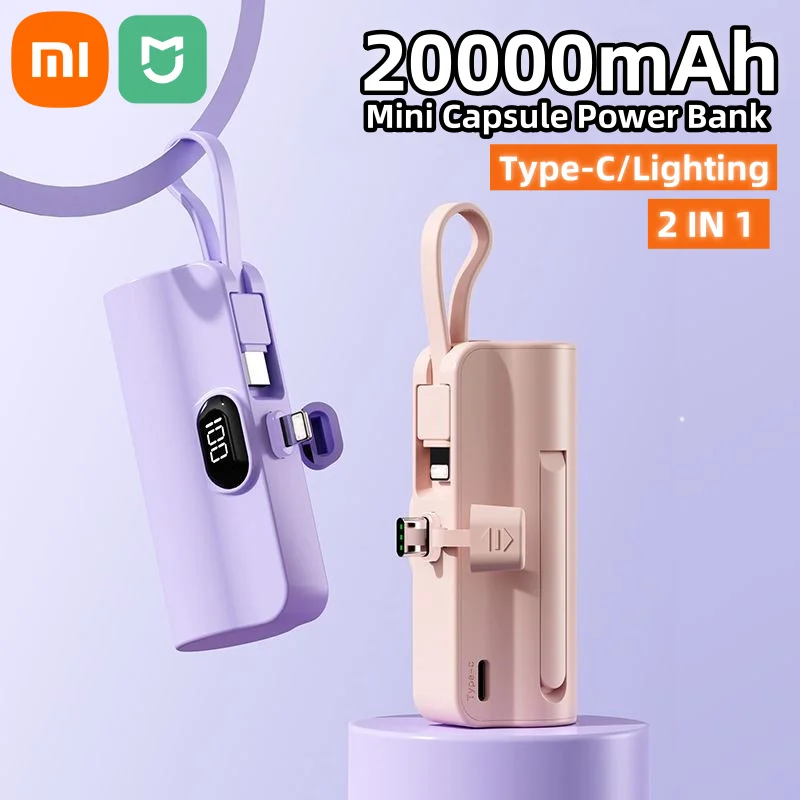 Xiaomi Mini Power Bank 20000mah 2 In 1 Portable Fast Charger Capsule External Battery Plug Play Type-C For Iphone Samsung