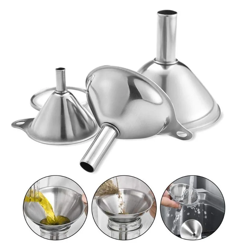 3/5Pcs Stainless Steel Kitchen Funnel for Filling Bottles Transfer Essential Oil Liquid Fragrance Dry Powder with Cleaning Brush