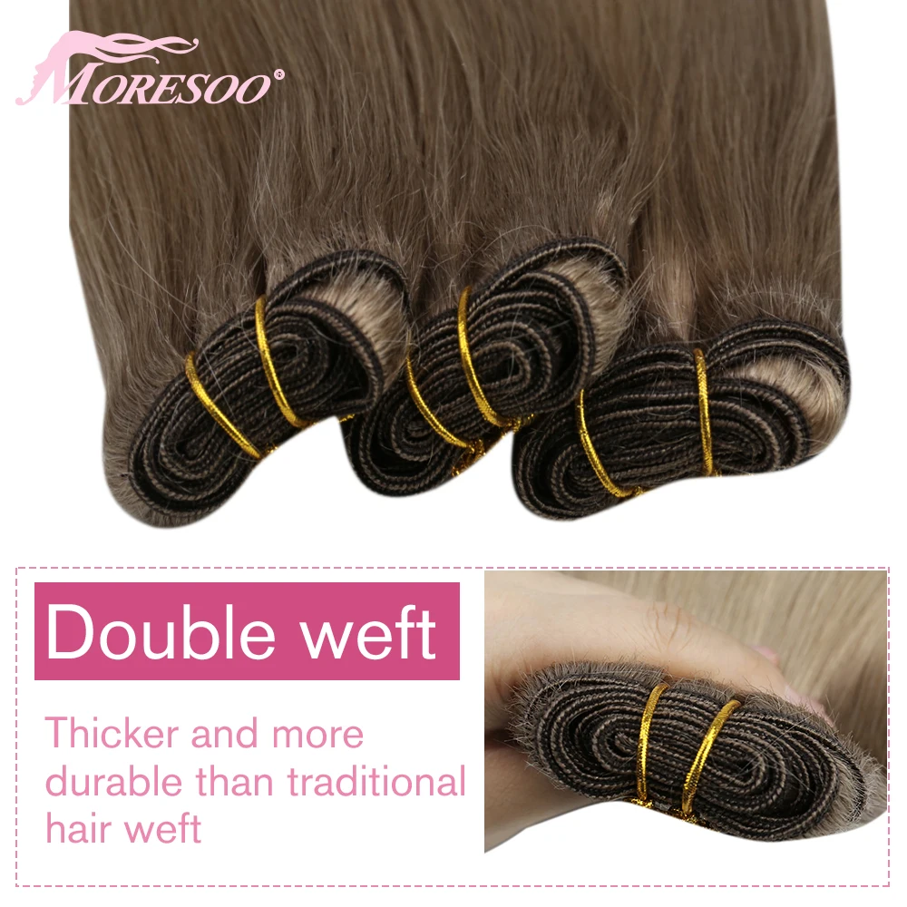 Moresoo Human Hair Bundles Weave in Double Wefted Machine Remy Hair Balayage Hair Pieces for Women Straight Weft Hair Extension