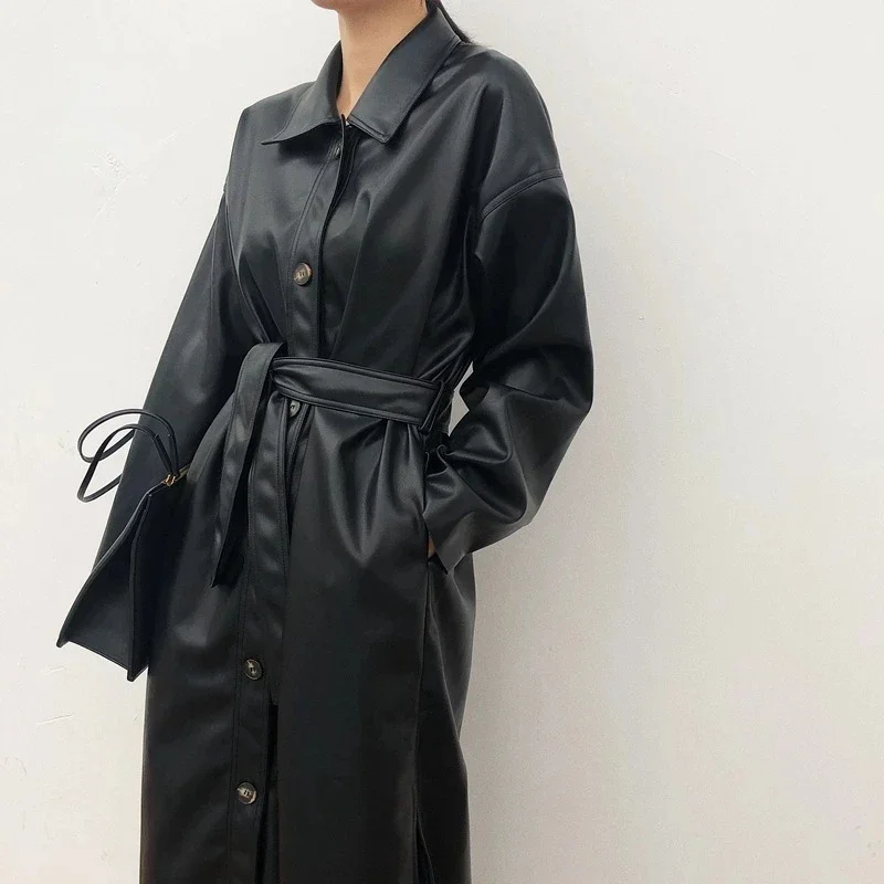 Winter Long Women Pu Leather Jackets Turn Down Collar Female Faux Leather Windbreaker Trench Coats Single Breasted Belt Jackets