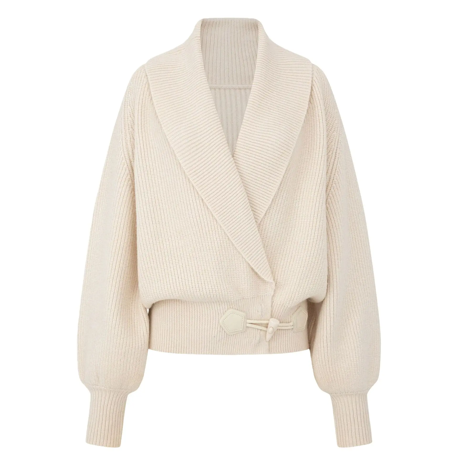 Vertical pit collar, flip collar, overlapping placket, horn buckle, lantern sleeves, loose white and black sweater view 5