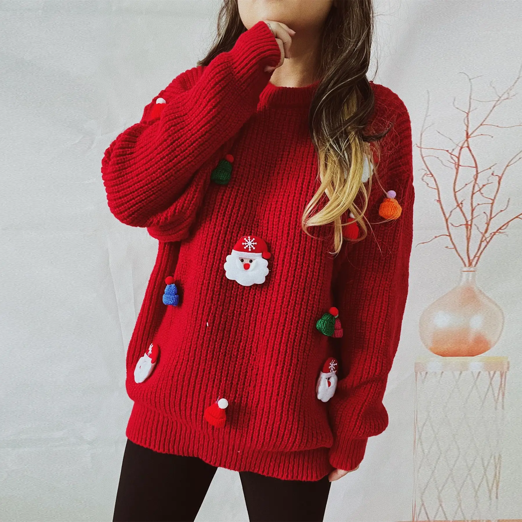

New in Women's Santa Claus Cute Sweet Knitted Round Neck Long Sleeve Hoodie Solid Color Casual Fashion Loose Sweater Top