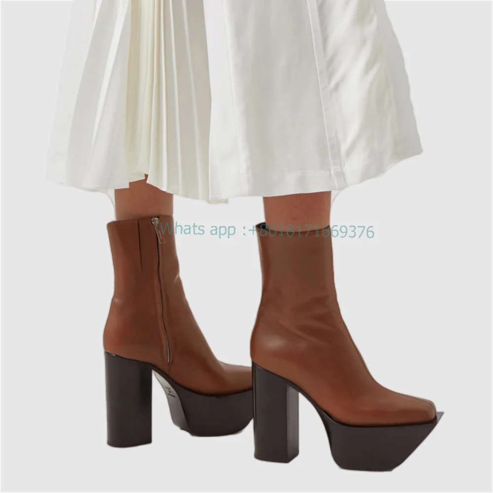 

Lady Brown Chunky High Heels Design Platform Thick Soles Boots Round Toe Retro Leather Ankle Boots Women Fashion Shoes New