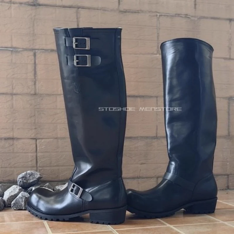 Black Long Motorcycle Boots Men's Leather Belt Buckle Decor Knight Boots Thick Heels Workwear Long Boots Super Cool Boots view 2