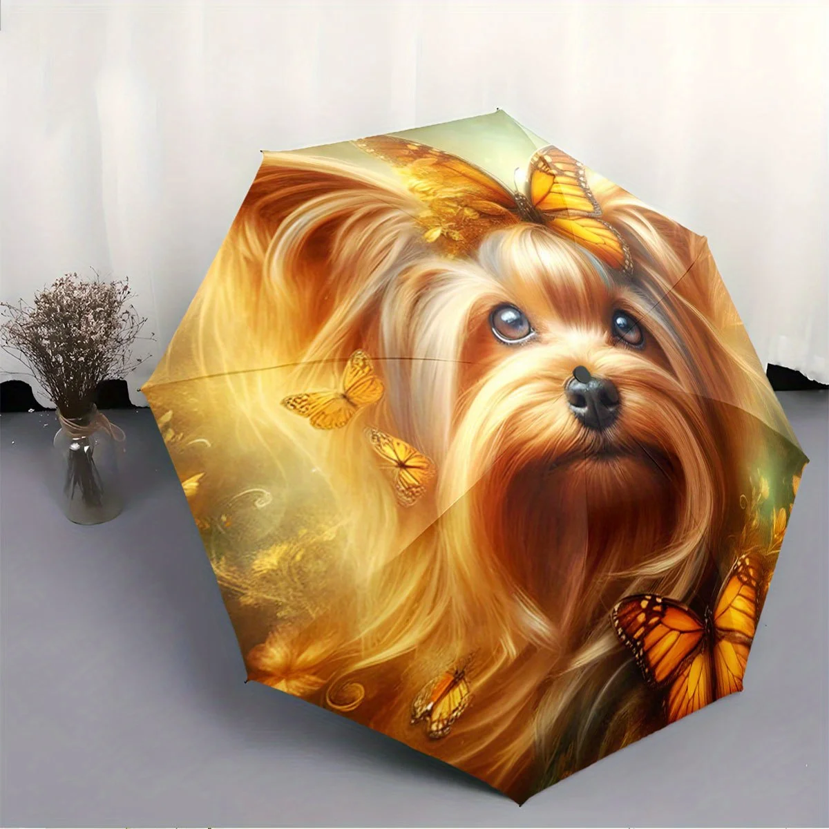 

Folding umbrella Golden butterflies on flowing background with lush greenery. Creative portable folding umbrella, suitable for