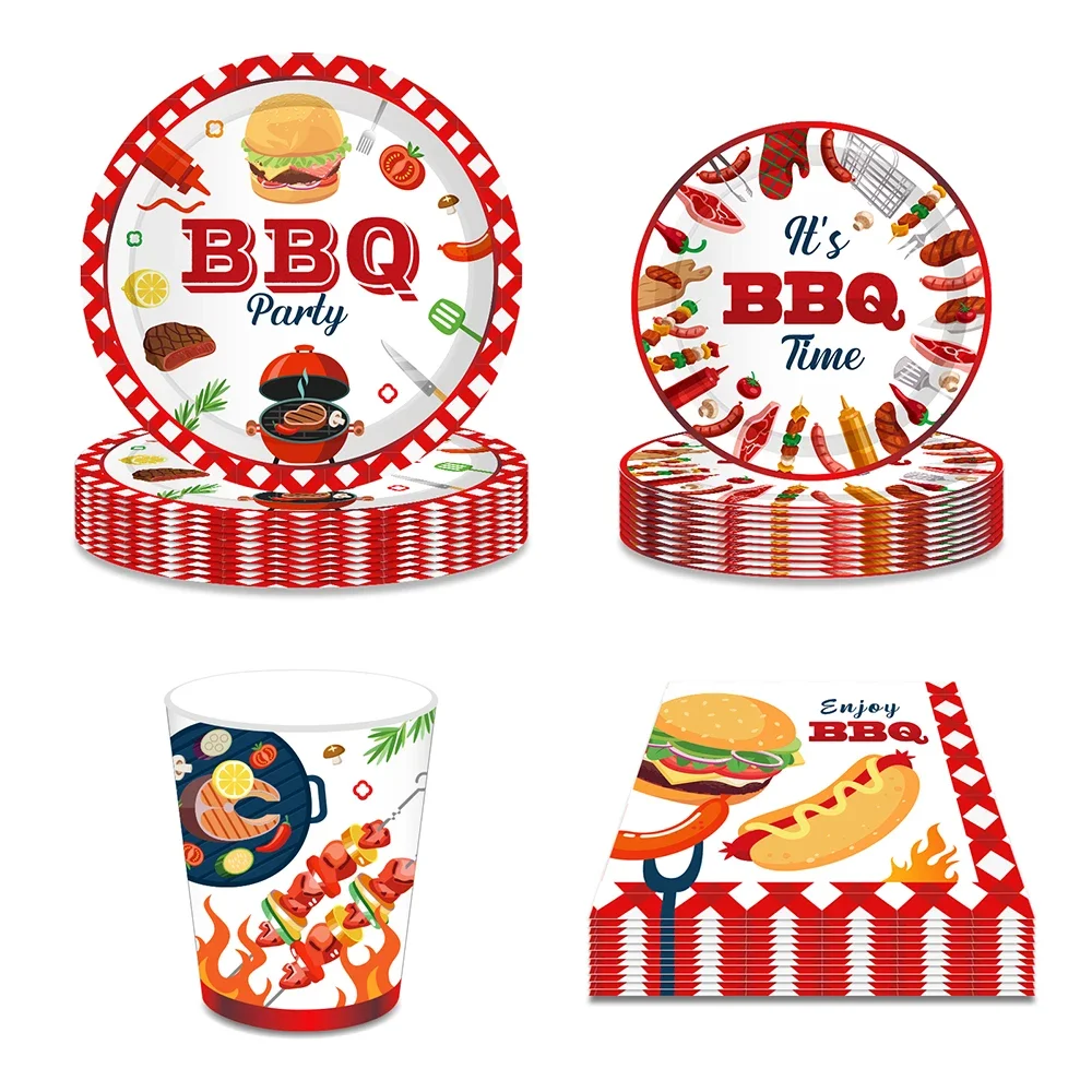 Hot Outdoor Camping Barbecue BBQ Birthday Party Paper Disposable Tableware Sets Plates Napkins Cups Baby Shower Party Supplies