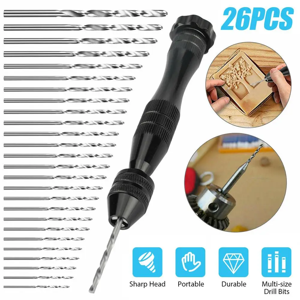 

26pcs Mini Micro Hand Drill Bits Set Manual Keyless Chuck Pin Vise Rotary For Wood Resin Jewelry Walnut Amber Beeswax