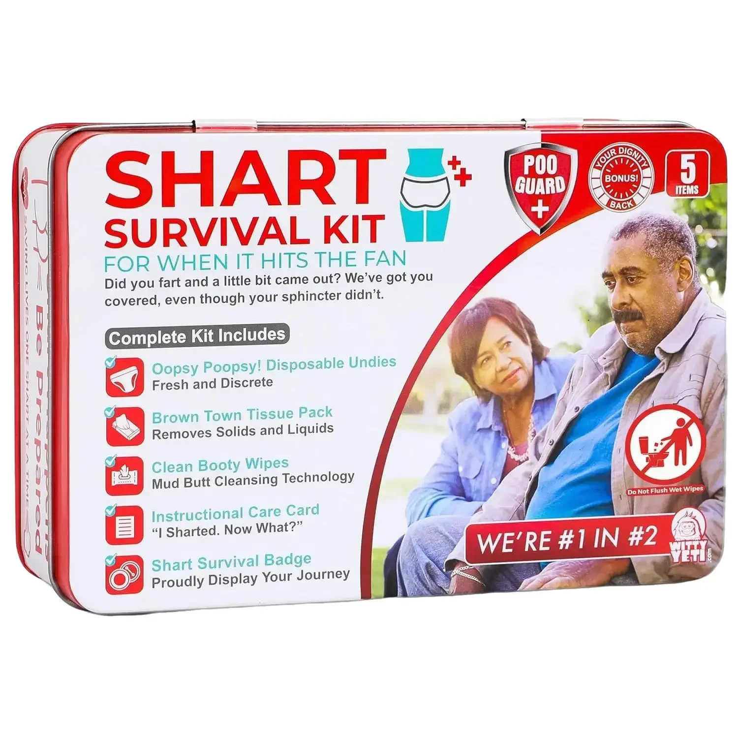 

Funny Shart Survival Kit by Witty Yeti. Ultimate Poop Prank Gag Gift Set Contains Wet Wipes, Disposable Underwear,