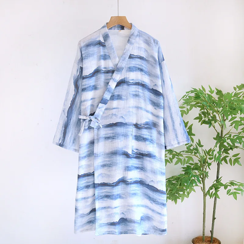 

Japanese Kimono Nightgown Spring Summer Thin 100% Cotton Gauze Bathrobe Men's Lace-up Yukata Plus Size Shower Robe