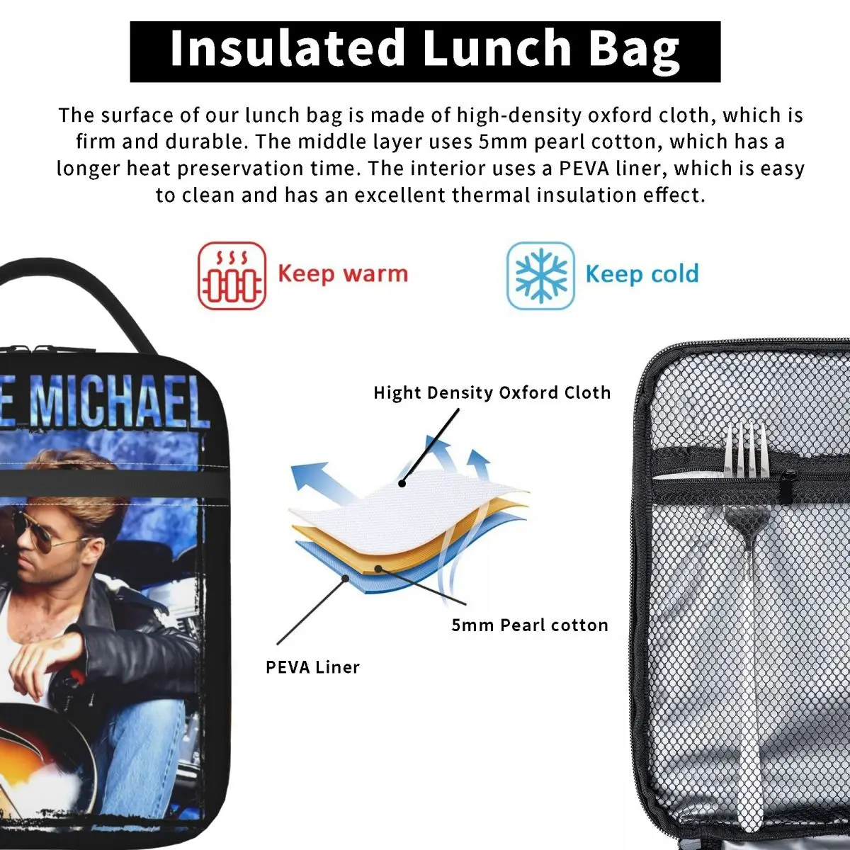 George Live-George Michael isolado lancheira, recipiente de alimento, reutilizável, refrigerador térmico, lancheira para piquenique