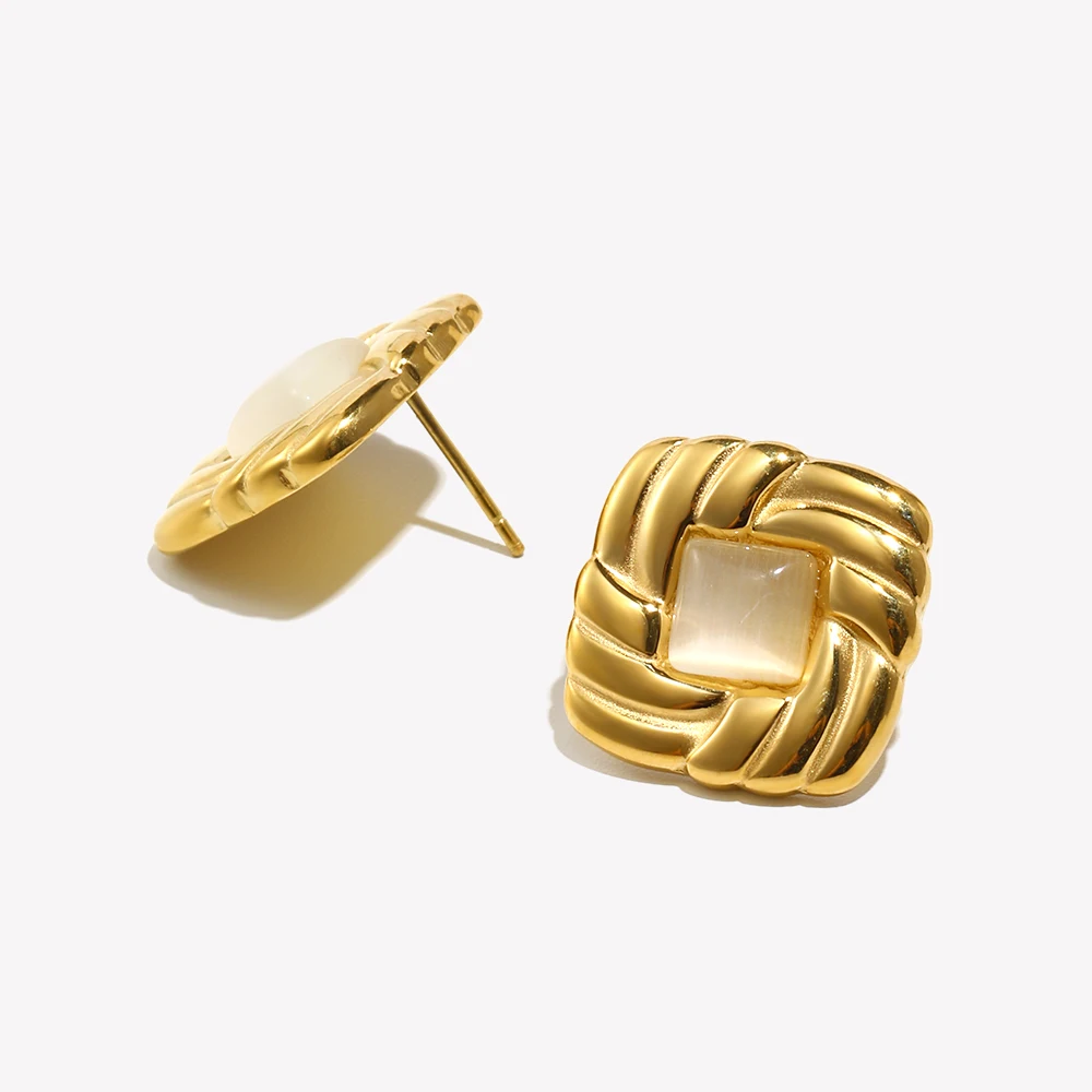 E.B.belle New Vintage Style Square Cat Eye Stone Stud Earring 18K Gold Plated Stainless Steel Fashion Women Chic Jewelry