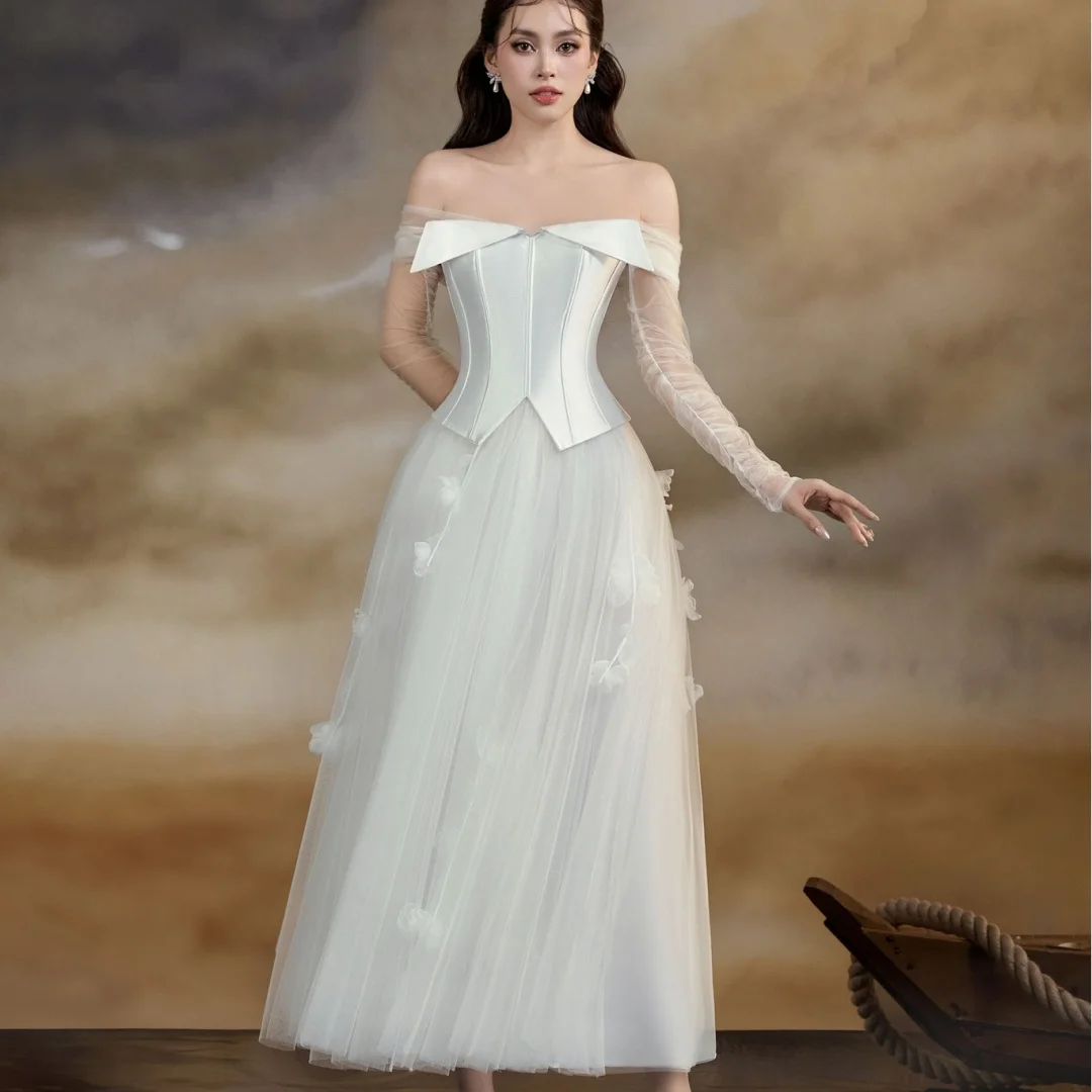 

Customized Luxury Tulle A-Line Off the Shoulder Appliques Evening Dresses Strapless Long Sleeves Party Dress High Quality