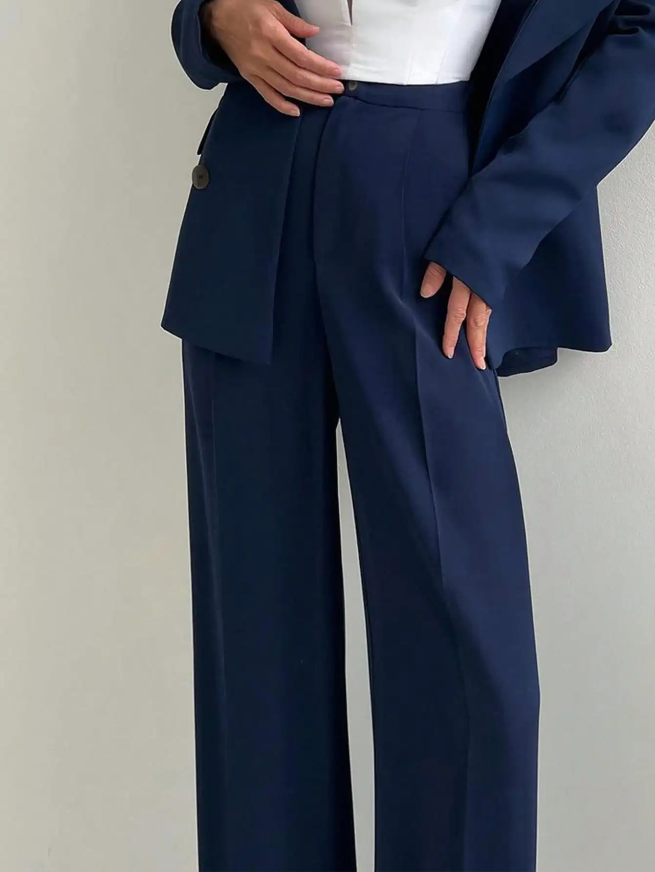 ผู้หญิงสบายๆเอวยางยืดปุ่มกางเกงขาตรงสําหรับการเดินทาง, กางเกงสูทสไตล์หรูหราสําหรับ Office Lady Business