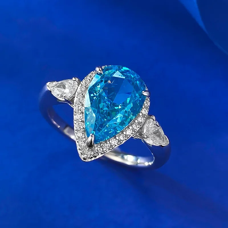 Anillo de diamantes de platino de plata S925 de alto carbono, borde europeo y americano, Diamante Azul Marino en forma de pera, 7x11, nuevo