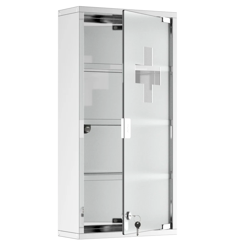 kleankin Botiquín de pared con cerradura, gabinete de pared con 4 estantes, marco de acero inoxidable y puerta de vidrio, con cerradura y 2 llaves, plateado, 12" x 24"