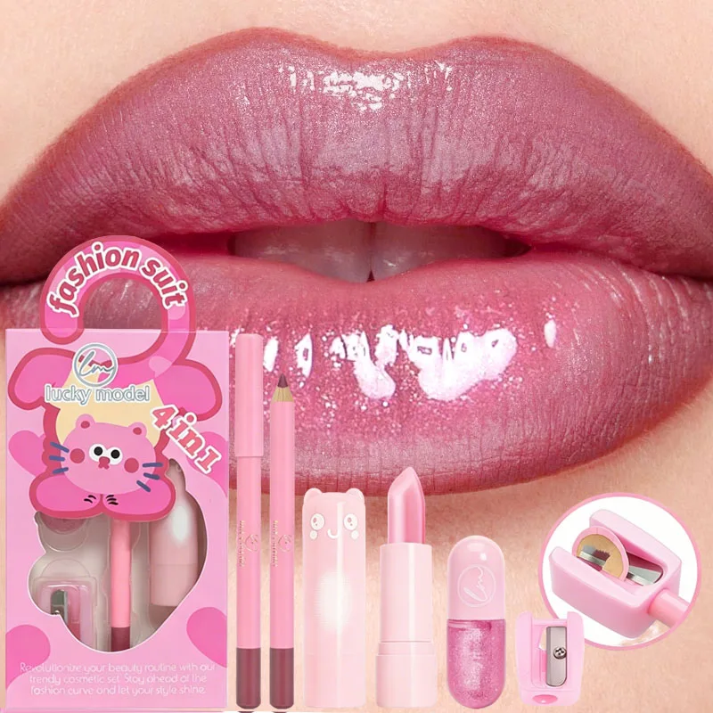 4 pcs Set Of Rich Lip Color Lipliner Lipstick Set Mirror Water Natural Long-Acting Lip Color Pearl Lip Glaze Christmas Gift