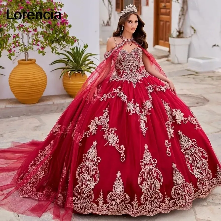 

Lorencia Princess Red Quinceanera Dress Ball Gown Gold Lace Applique Beading With Cape Pleat Sweet 16 Vestidos De 15 Años YQD730