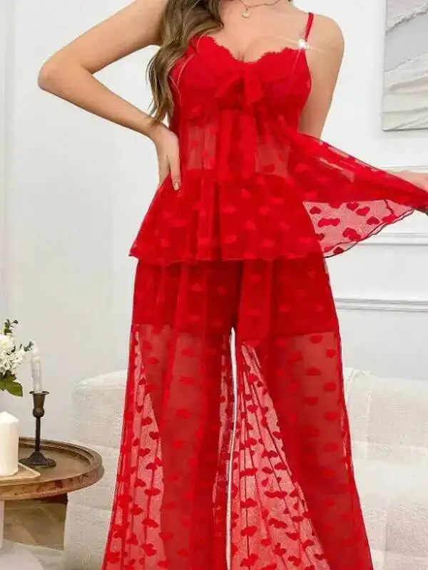 Sexy Pants Sets Women's Mesh Transparent Strap Love Heart Pajamas Homewear Pants Sets Casaul Pure Desire Elegant Charming X86N