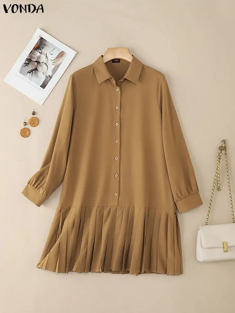 VONDA Frauen Mode Herbst Vestidos Hemd Kleider 2025, Langarm Solide Elegante Mini Sommerkleid Revers Tasten Rüschen Casual Robe