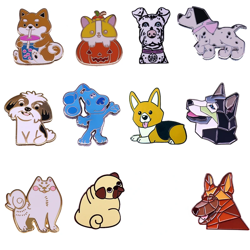 Kawaii Puppy Brooch Cute Cartoon Animal Puppies Enamel Pin Corgi Husky German Shepherd Dog Lover Pins