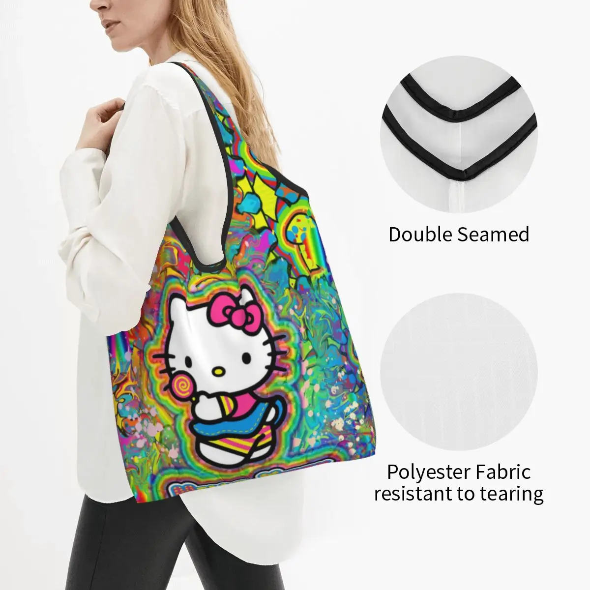 Large Reusable Kawaii Sanrio HelloKitty Cartoon Grocery Bags Recycle Foldable Shopping Eco-Friendly Bag Washable Lightweight