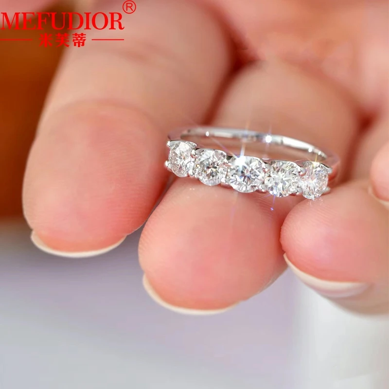 18K Gold Round Moissanite Row Ring Five Diamond for Women Bands Wedding Anniversary Gift High Quality Jewelry with Certificate