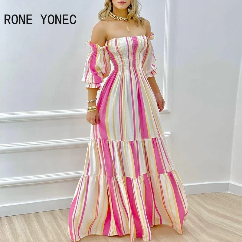 Women Chic Off  Shoulder Stripped Lattern Sleeves Folds  Maxi Sexy Dress