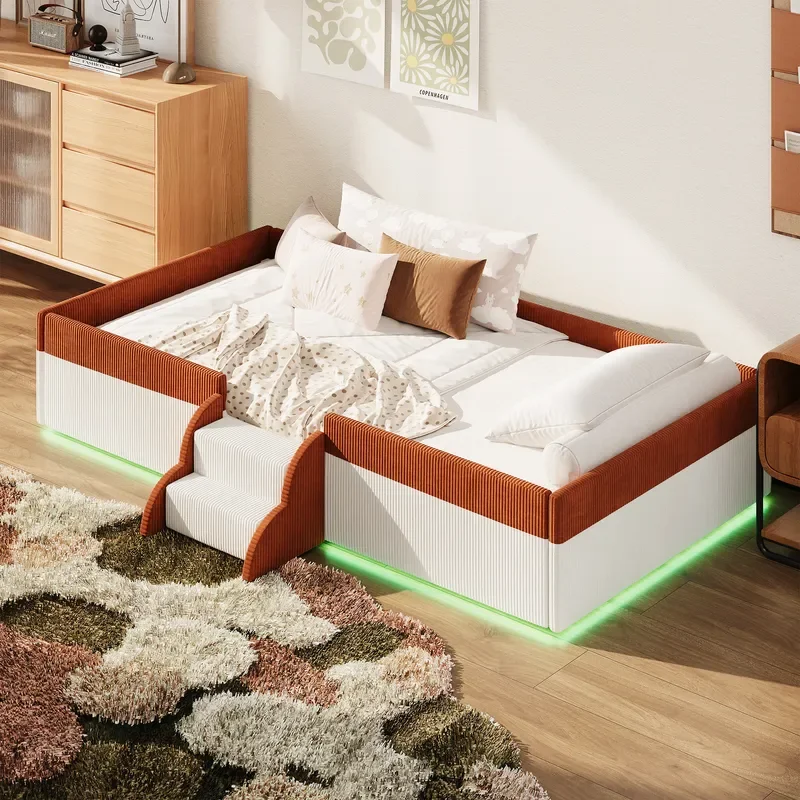 Orange White Corduroy Floor Bed for Kids Small Step Parent Child Sleeping Furniture Soft Wrapped Design Customizable OEM