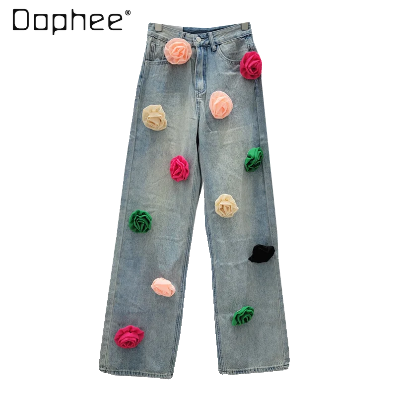 Baggy 3D Flowers Straight Jeans for Women 2024 Spring/Summer New Loose Slimming High Waist Wide Leg Denim Lengthened Trousers