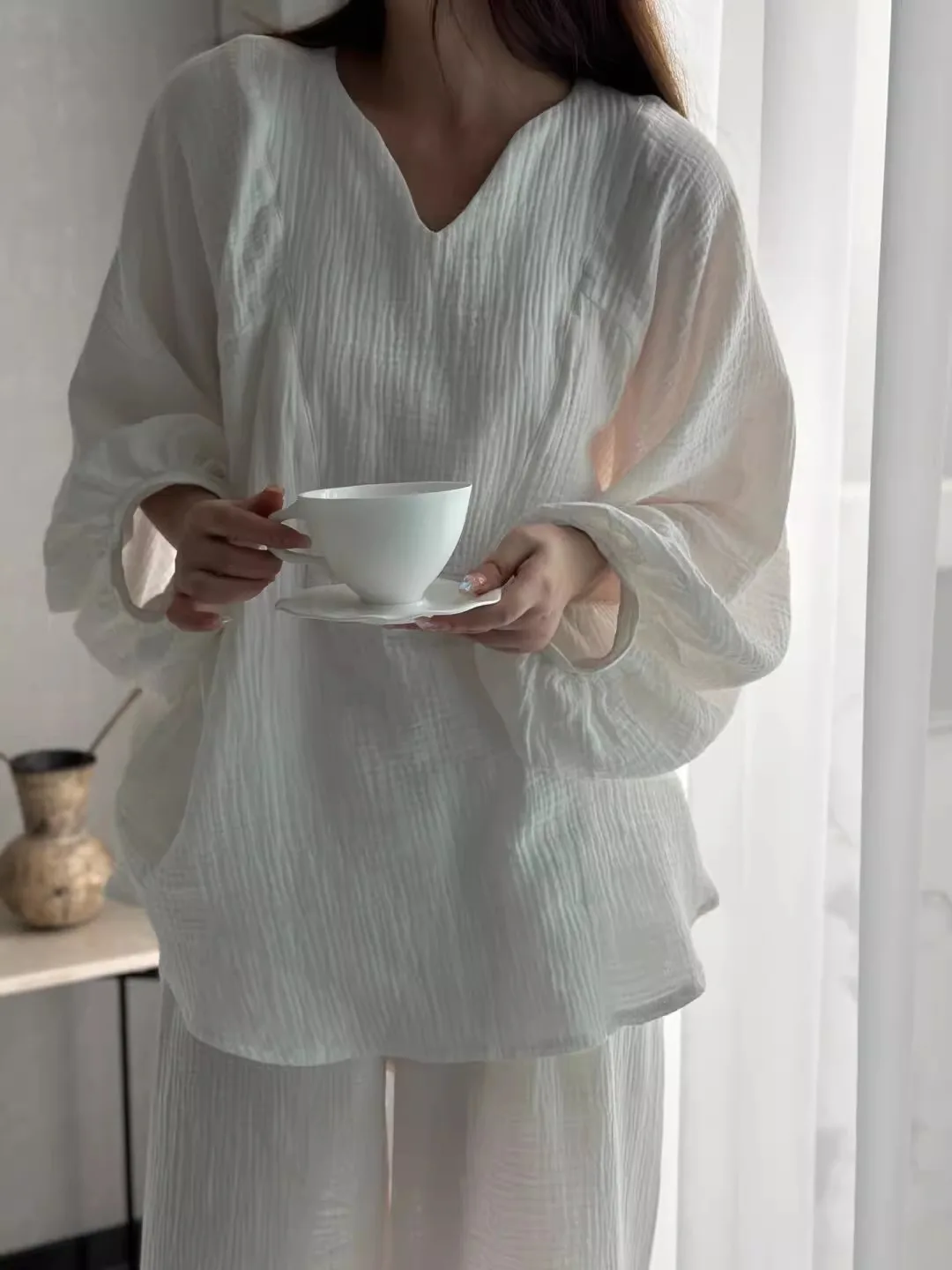 

Корейский свободный длинный комплект из чистого хлопка Sve для женщин, весенне-осенняя домашняя одежда V Ne, удобный ленивый Sle