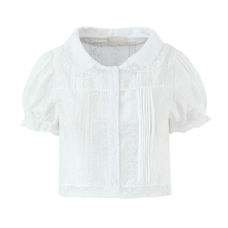 

YENKYE French Romantic Retro Doll Collar White Shirt Women New 2026 Lace Patchwork Puff Sleeve Summer Crop Top Sexy Semi-Sheer