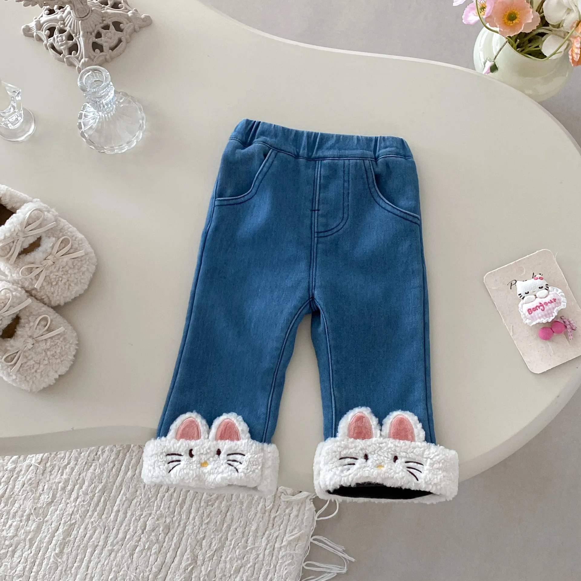 

12M-5T winter children kids girls fashion cartoon thick velvet snow wear warm jeans