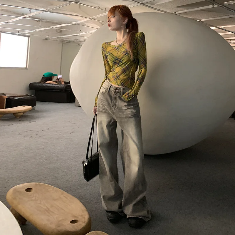 

Mocha Gray Retro Wide-Leg Jeans For Women 2026 New High-Waisted Straight Loose Floor-Length Pants